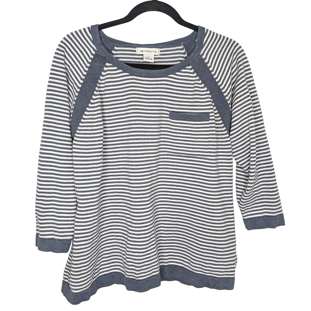 Liz Claiborne Blue White Striped Cotton Knit Raglan Sweater Top Large 851-6301